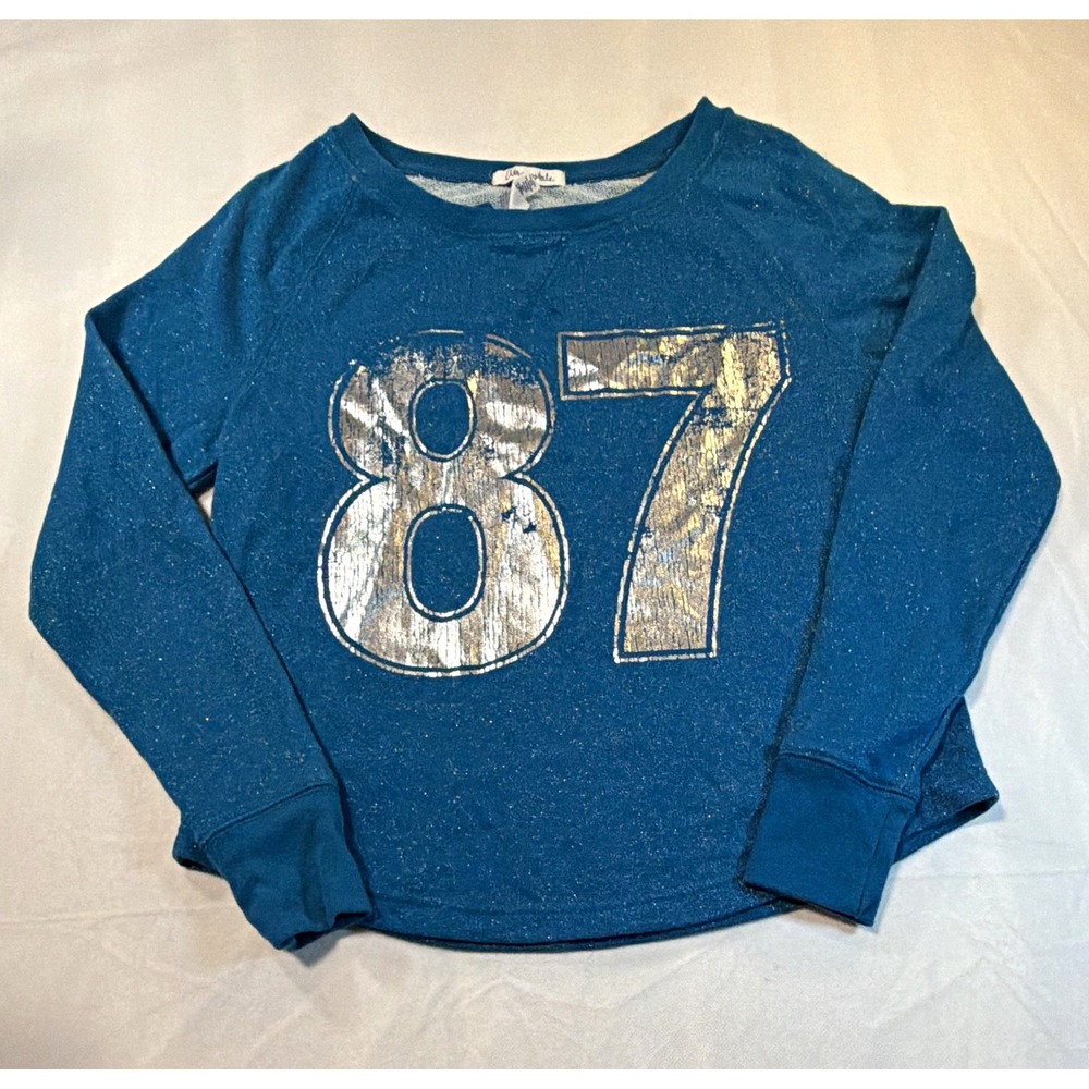 Aéropostale Woman's Teal Sparkle Crewneck Sweatshirt Metallic 87 Medium Varsity
